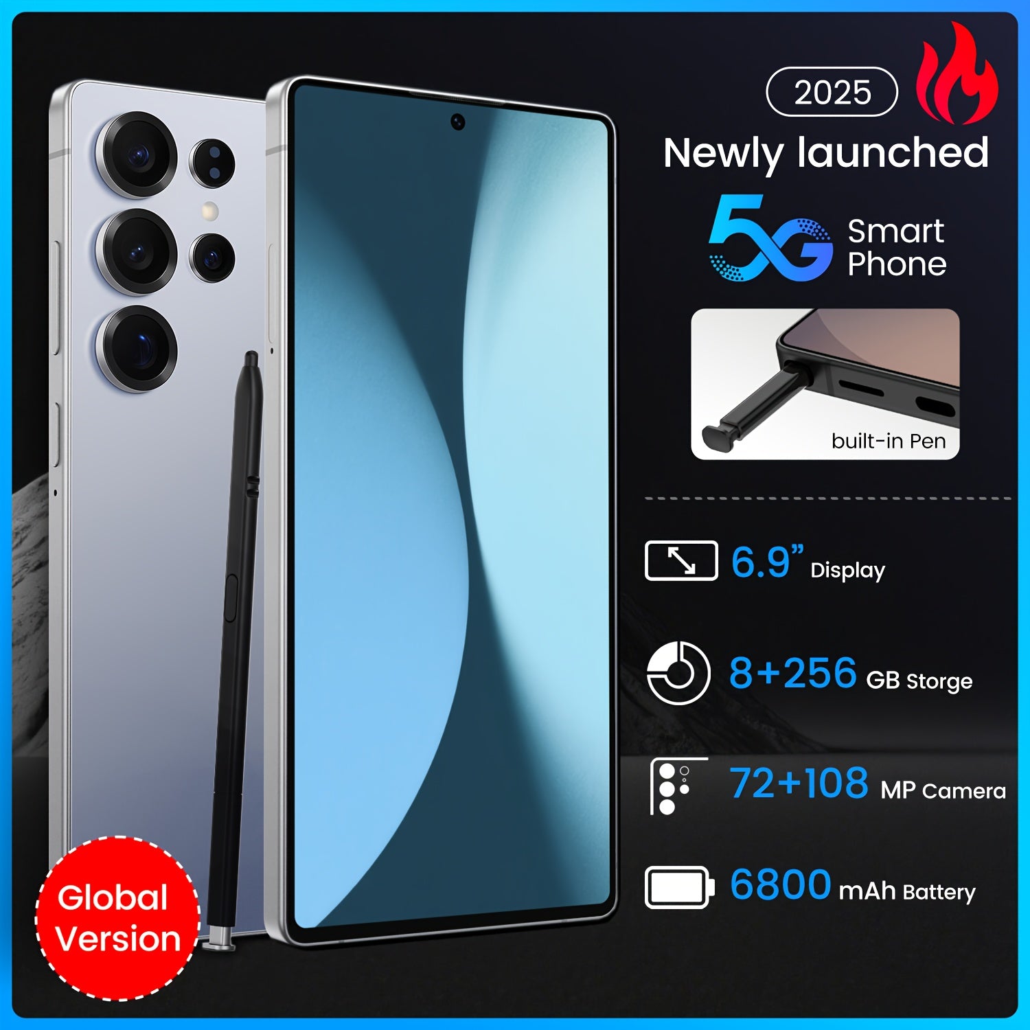 Global Vision S25 Ultra Smartphone 5G Android 12 8GB RAM 512GB ROM 6.8 Inch Phone 1920x1080HD 24+48MP 4 5G Network Mobile Phones