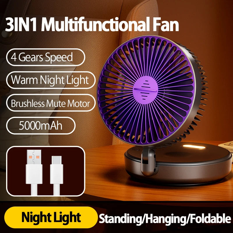🌬️ HAOYUNMA 2024 3-in-1 Multifunctional Portable Fan – Rechargeable Wall-Mounted & Desktop with Night Light