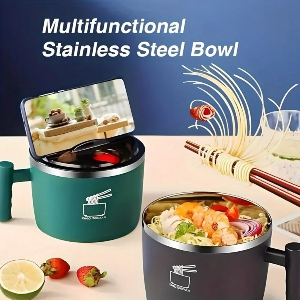 🍜 1000ml Stainless Steel Thermal Bowl with Phone Holder | Portable & Eco-Friendly