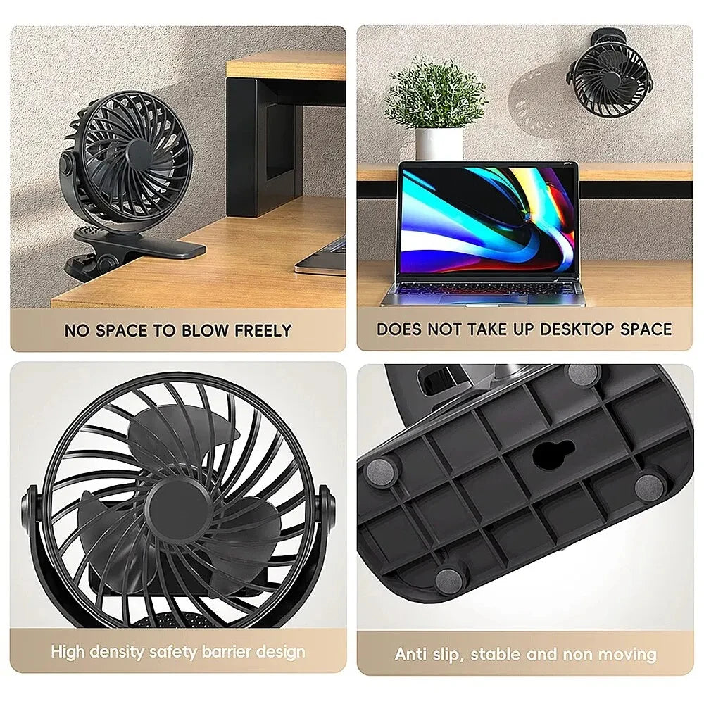 🌬️✨ USB Clip Fan 360° Rotatable with 3 Speeds & Night Light