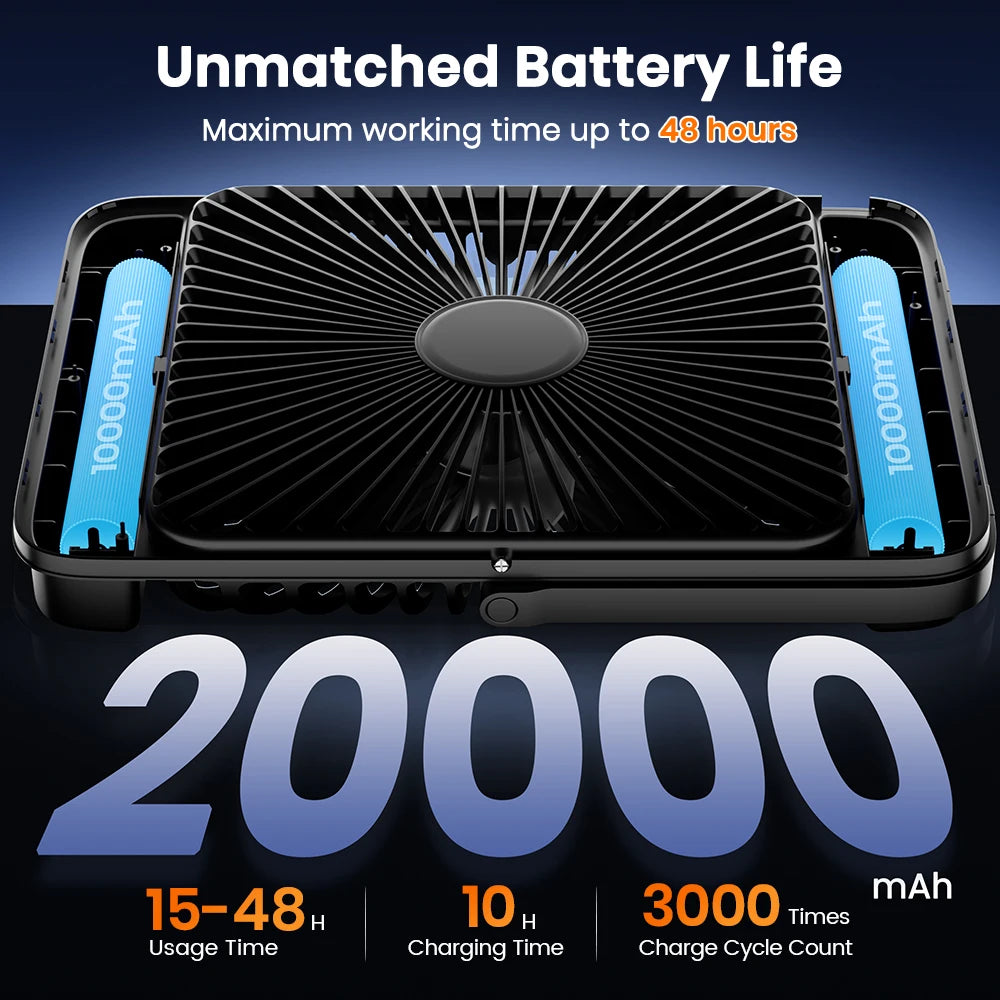 🌬️ Warmco D4 Portable Rechargeable Fan – 20000mAh Battery, 4 Speeds, Ultra-Quiet, LED Light