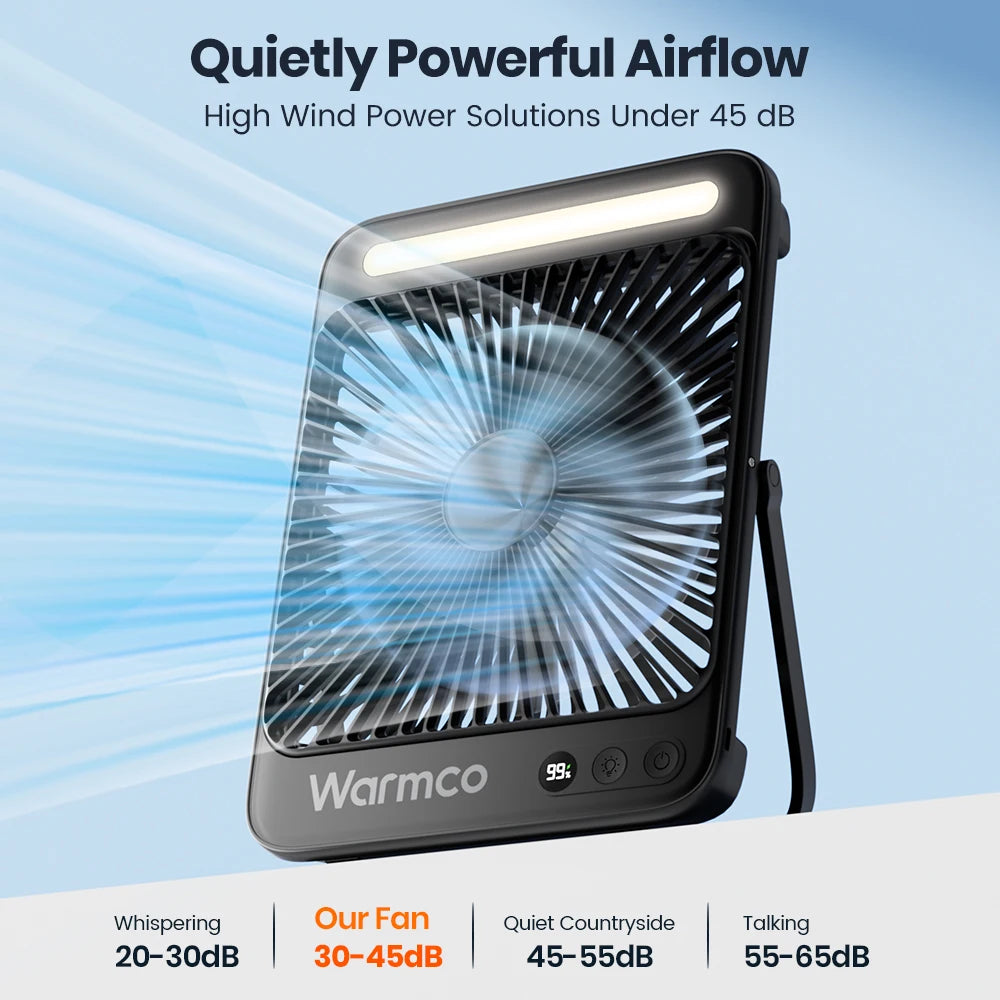 🌬️ Warmco D4 Portable Rechargeable Fan – 20000mAh Battery, 4 Speeds, Ultra-Quiet, LED Light