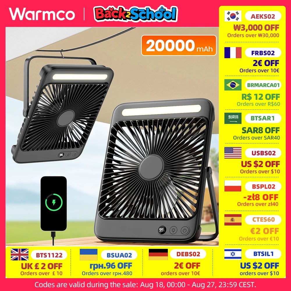 🌬️ Warmco D4 Portable Rechargeable Fan – 20000mAh Battery, 4 Speeds, Ultra-Quiet, LED Light