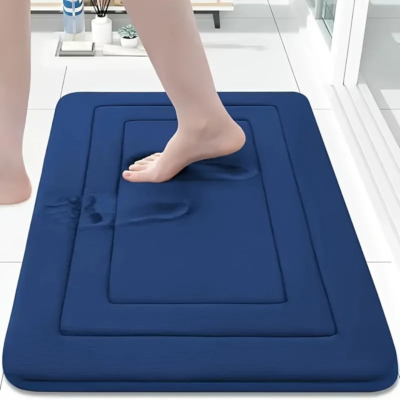 🛁 Vintage Memory Foam Bath Mat | Beige & Blue 🌸 | Non-Slip & Ultra-Absorbent