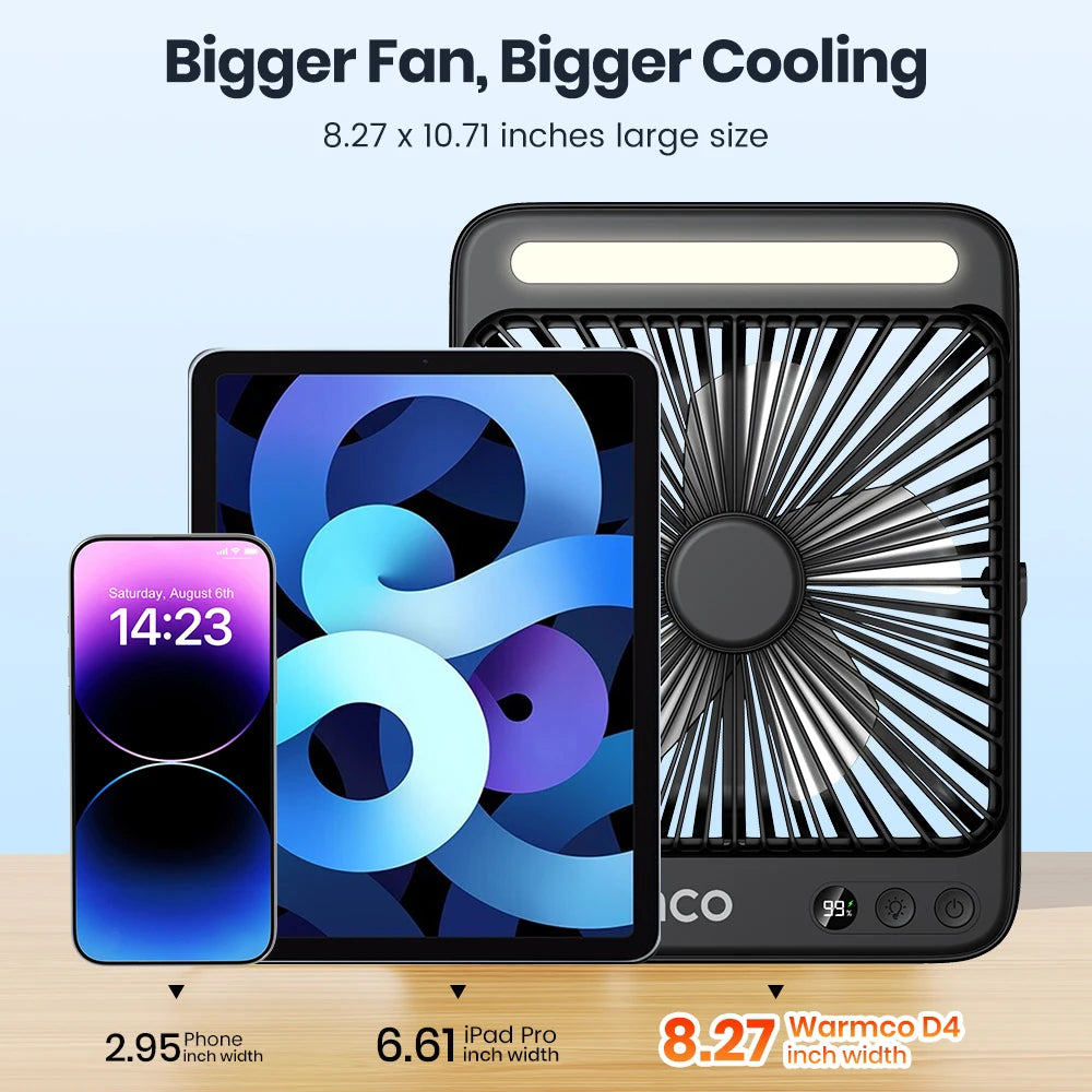 🌬️ Warmco D4 Portable Rechargeable Fan – 20000mAh Battery, 4 Speeds, Ultra-Quiet, LED Light
