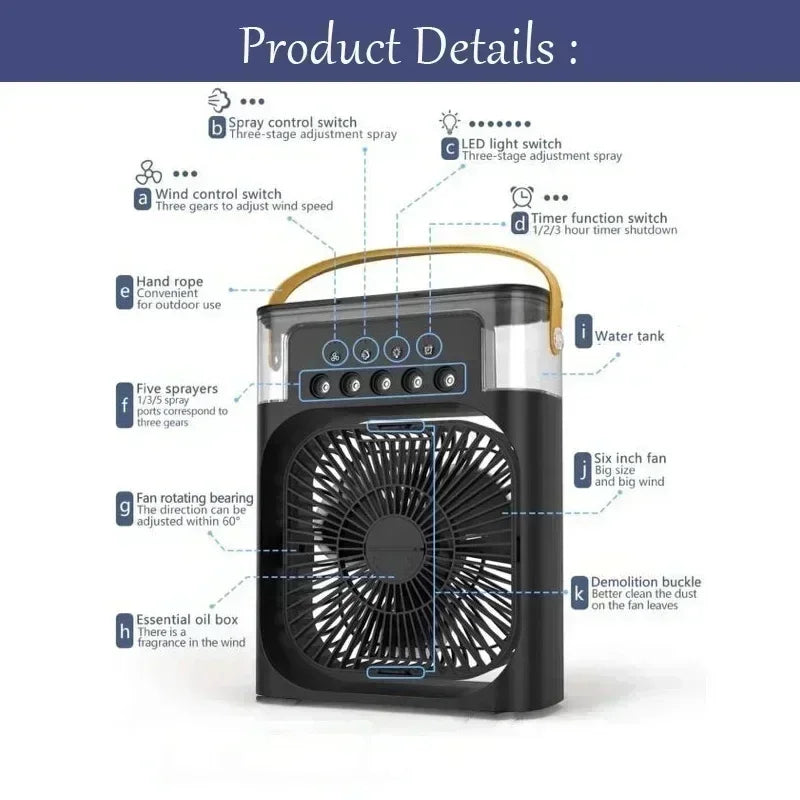 💨3-in-1 Mini Air Cooler, Fan & Humidifier with LED Night Light – Portable, USB Powered, Low-Noise