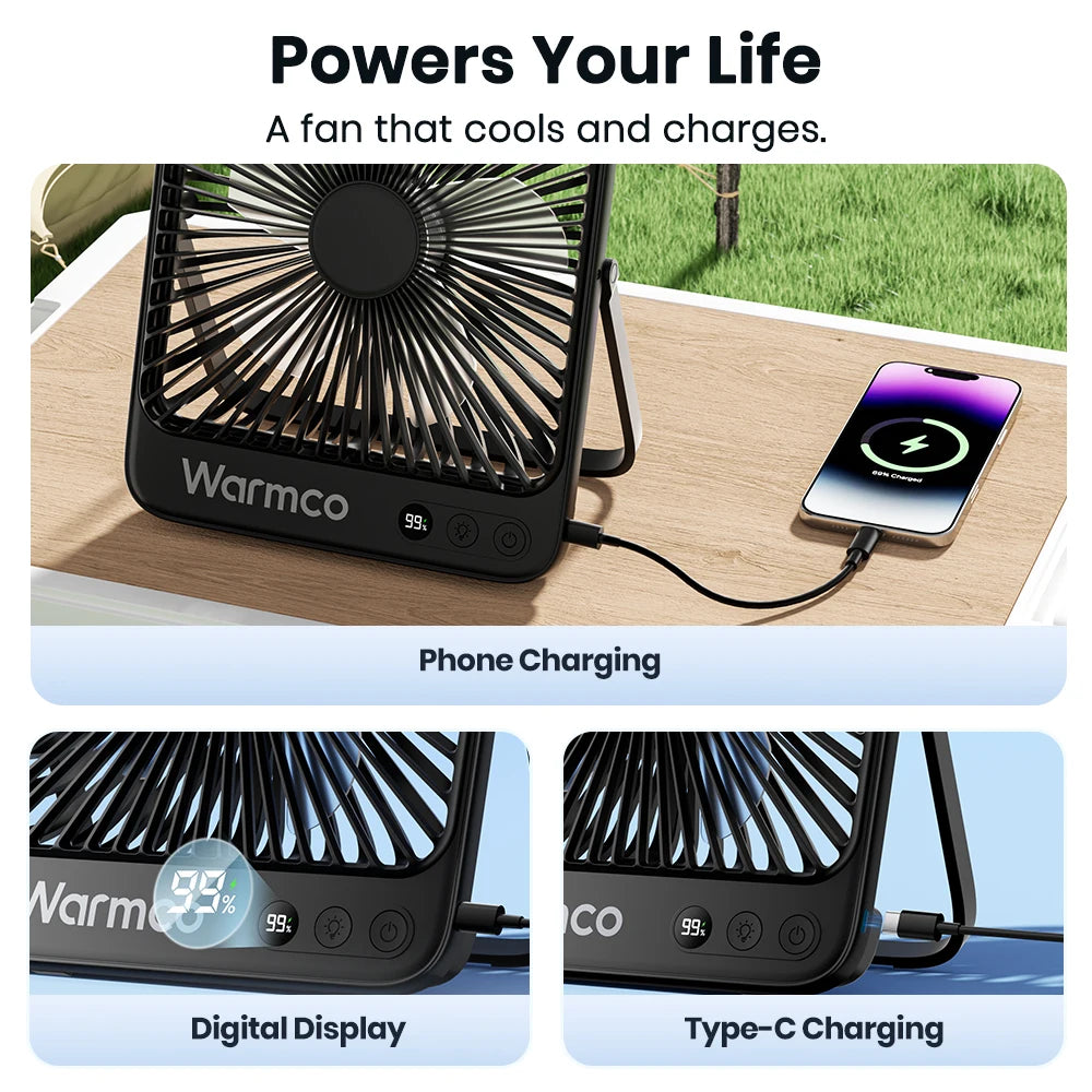 🌬️ Warmco D4 Portable Rechargeable Fan – 20000mAh Battery, 4 Speeds, Ultra-Quiet, LED Light