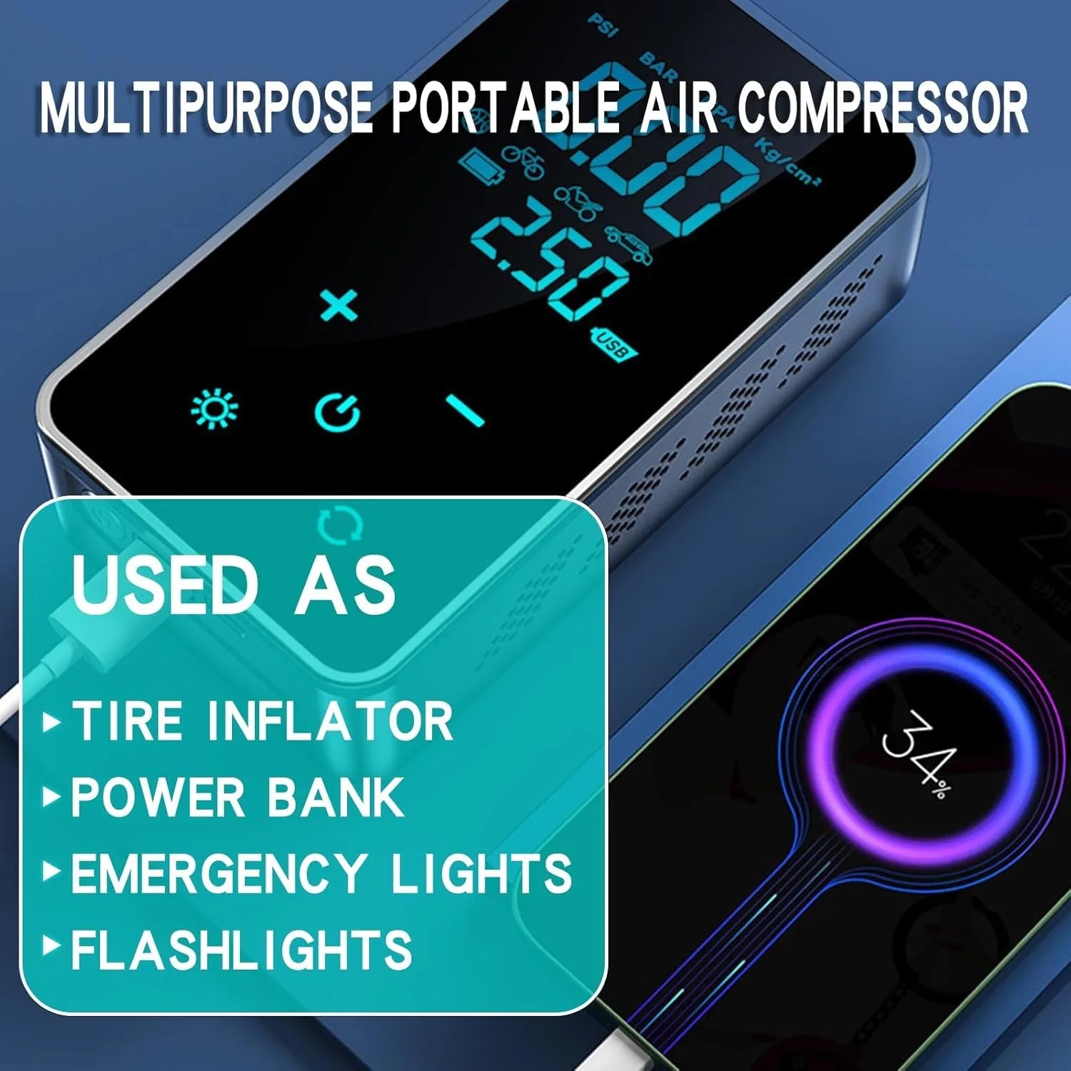 Wireless Air Pump 150psi Touch Screen Portable Electric Tire Inflator For Car Bicycle Motorcycle Mini Air Compressor Injector