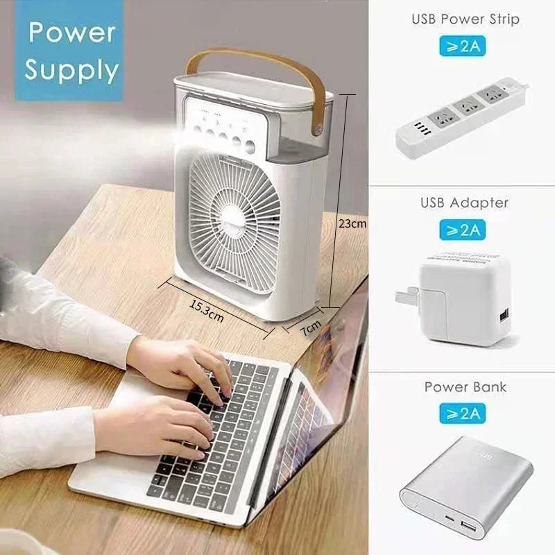 💨3-in-1 Mini Air Cooler, Fan & Humidifier with LED Night Light – Portable, USB Powered, Low-Noise