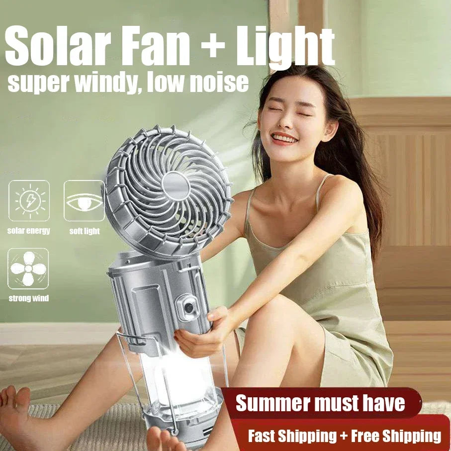 ☀️🌬️ 4-in-1 Solar Rechargeable Fan & Camping Night Light with Power Bank