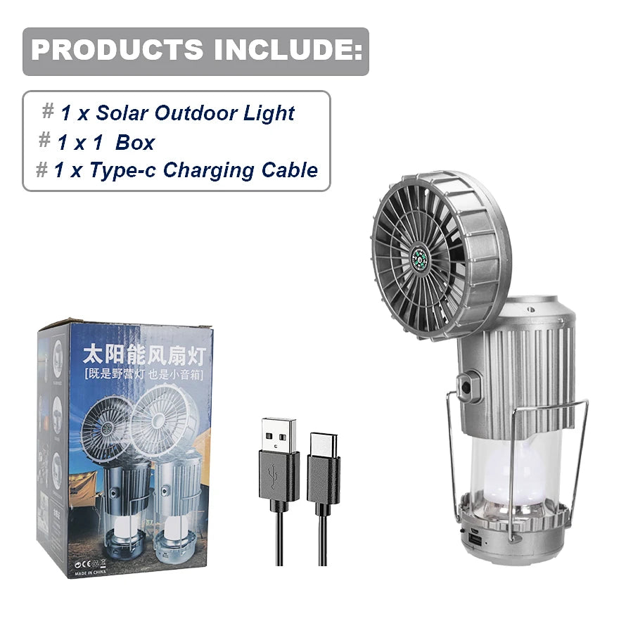 ☀️🌬️ 4-in-1 Solar Rechargeable Fan & Camping Night Light with Power Bank