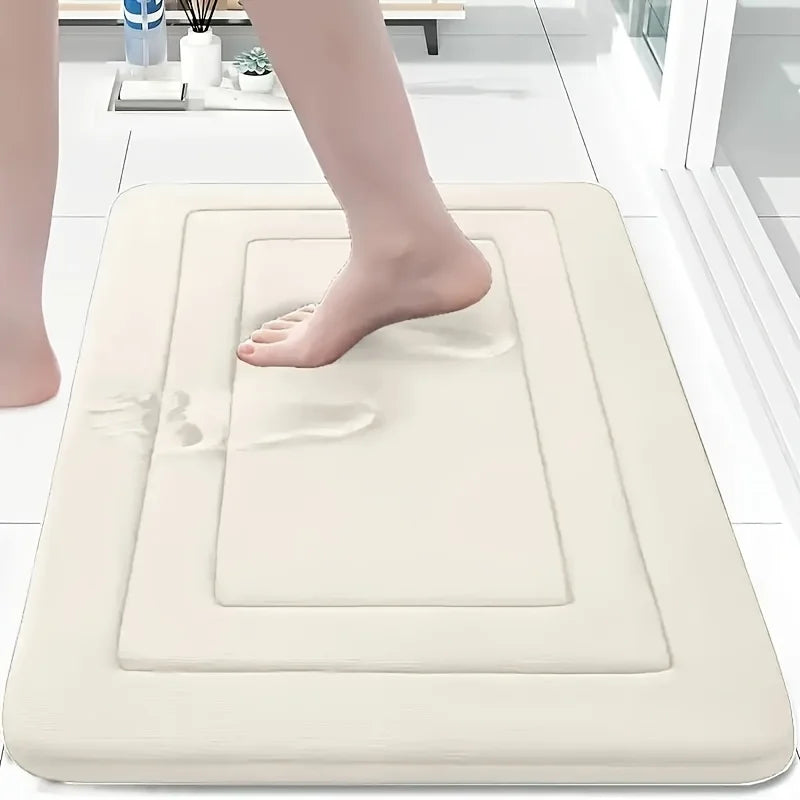 🛁 Vintage Memory Foam Bath Mat | Beige & Blue 🌸 | Non-Slip & Ultra-Absorbent