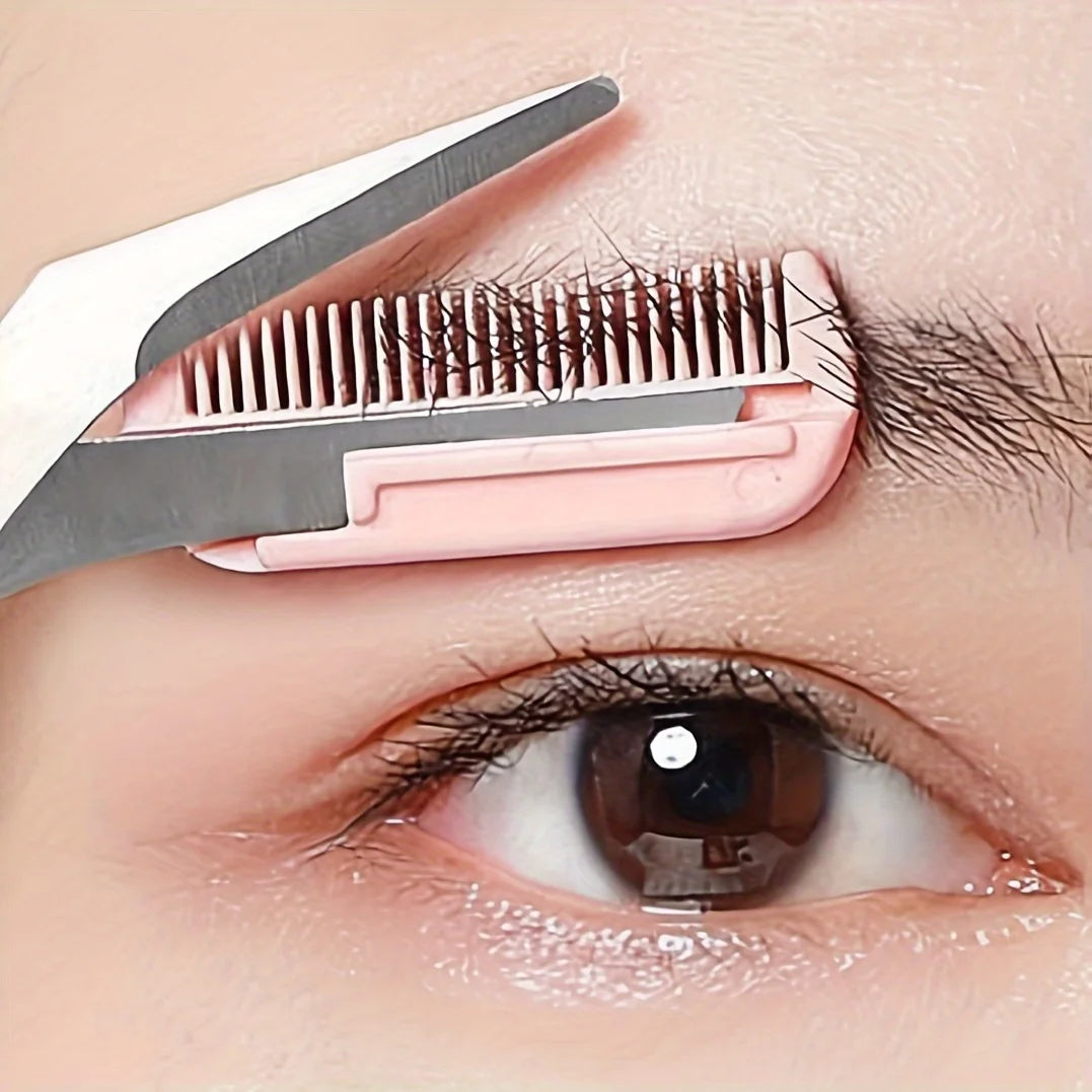 💗✂️ Pink Eyebrow Trimming Scissors with Built-In Comb – Stainless Steel Precise Grooming Tool